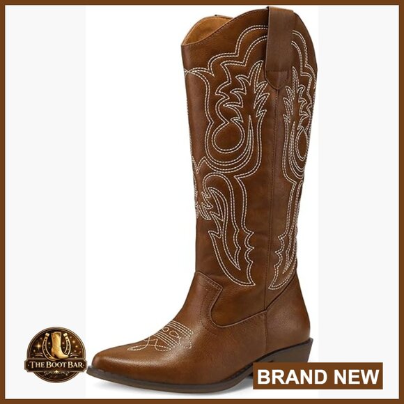 Women's Embroidered Cowboy Boots Mid-Calf Pointed Toe Chunky Heel Pull On